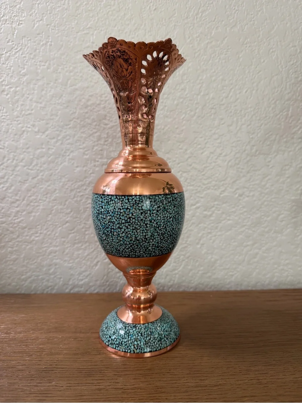 Handmade Turquoise Inlay Copper Vase ( Firoozeh koobi)